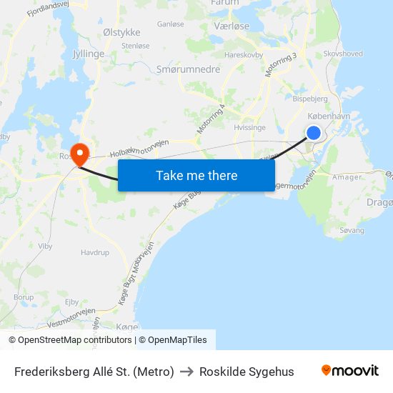 Frederiksberg Allé St. (Metro) to Roskilde Sygehus map