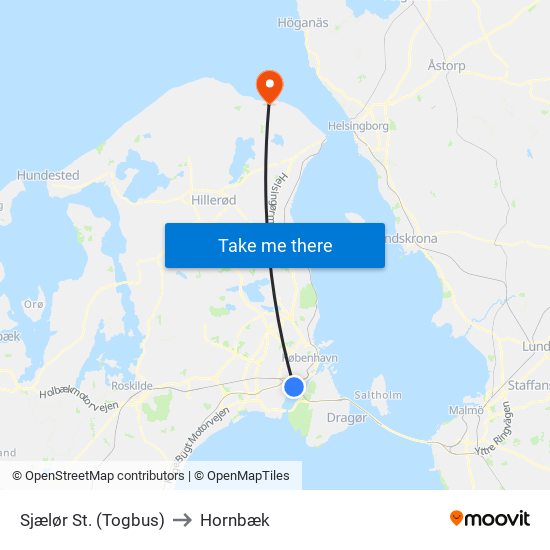 Sjælør St. (Togbus) to Hornbæk map