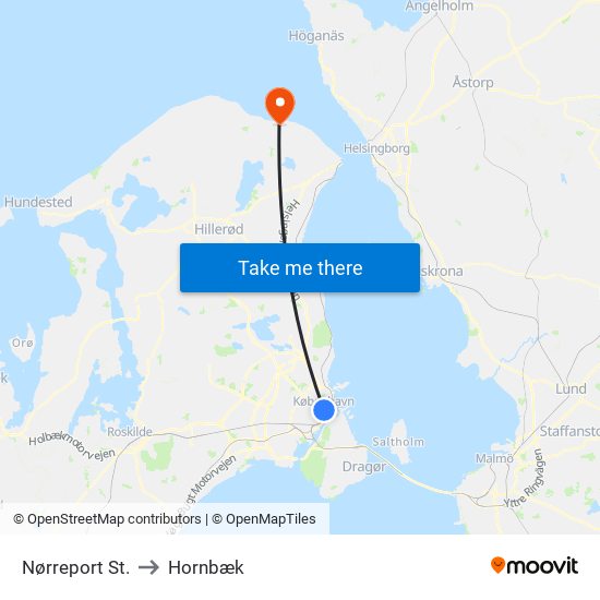 Nørreport St. to Hornbæk map