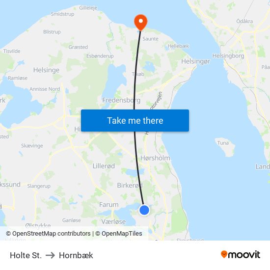 Holte St. to Hornbæk map