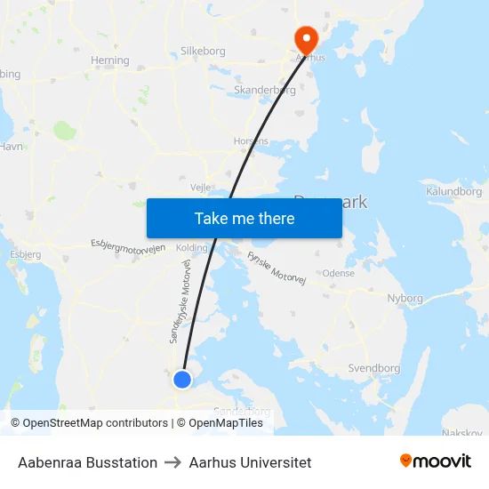 Aabenraa Busstation to Aarhus Universitet map