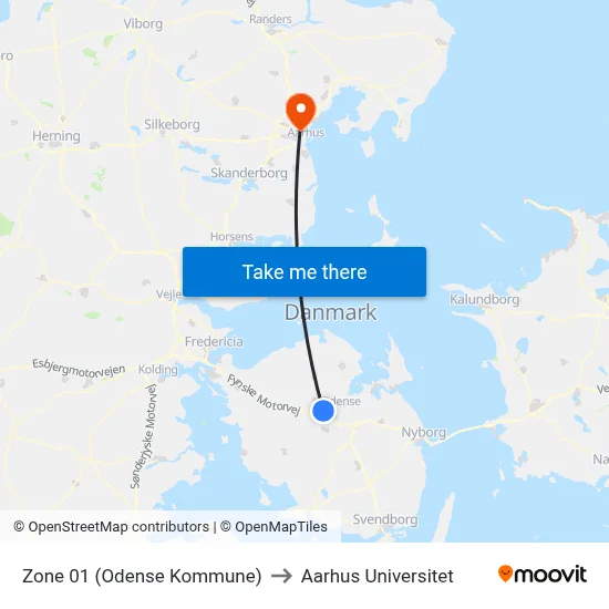 Zone 01 (Odense Kommune) to Aarhus Universitet map