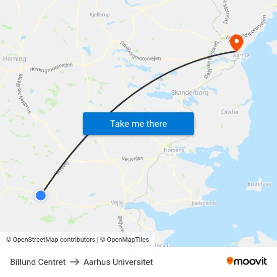 Billund Centret to Aarhus Universitet map