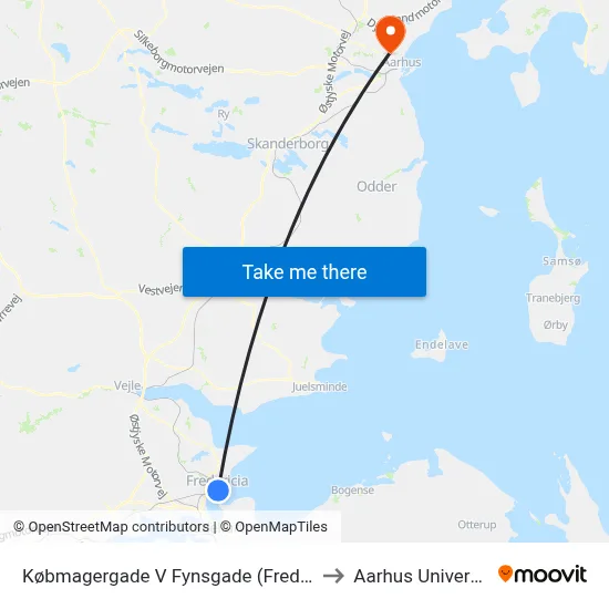 Købmagergade V Fynsgade (Fredericia) to Aarhus Universitet map