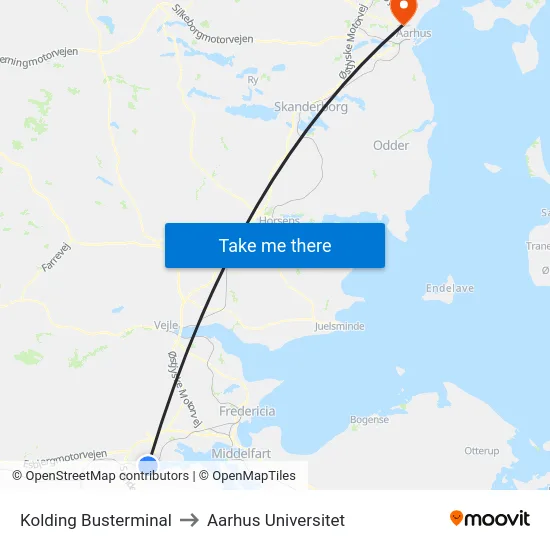 Kolding Busterminal to Aarhus Universitet map