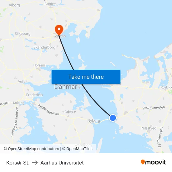 Korsør St. to Aarhus Universitet map