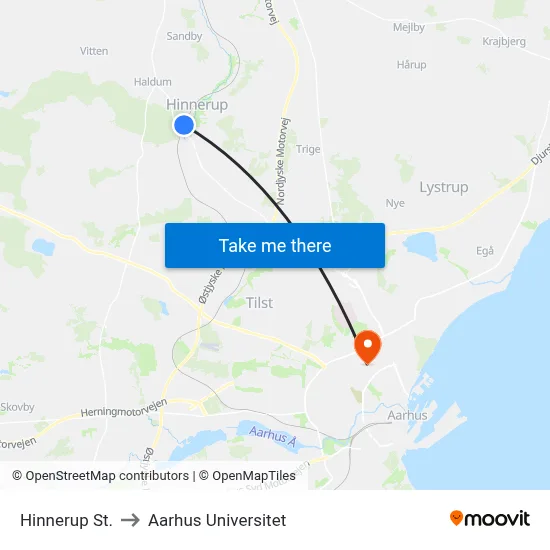 Hinnerup St. to Aarhus Universitet map