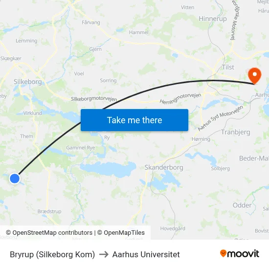 Bryrup (Silkeborg Kom) to Aarhus Universitet map