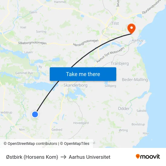 Østbirk (Horsens Kom) to Aarhus Universitet map
