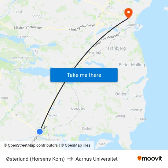 Østerlund (Horsens Kom) to Aarhus Universitet map