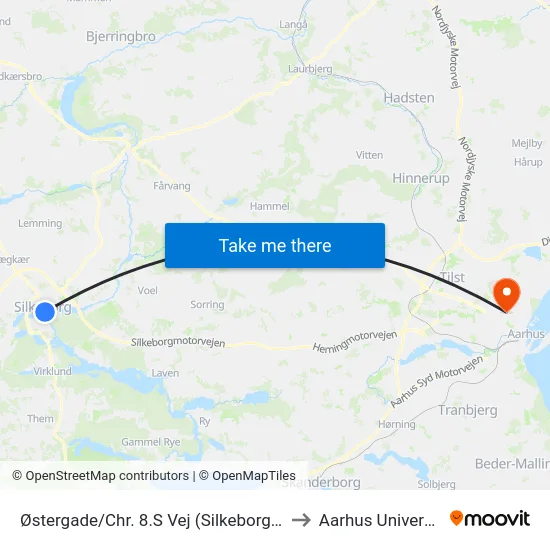 Østergade/Chr. 8.S Vej (Silkeborg Kom) to Aarhus Universitet map