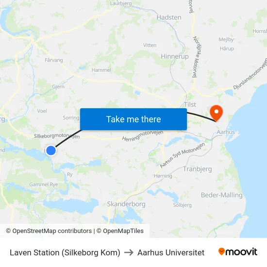 Laven Station (Silkeborg Kom) to Aarhus Universitet map