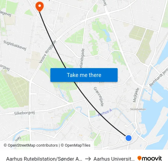 Aarhus Rutebilstation/Sønder Allé to Aarhus Universitet map