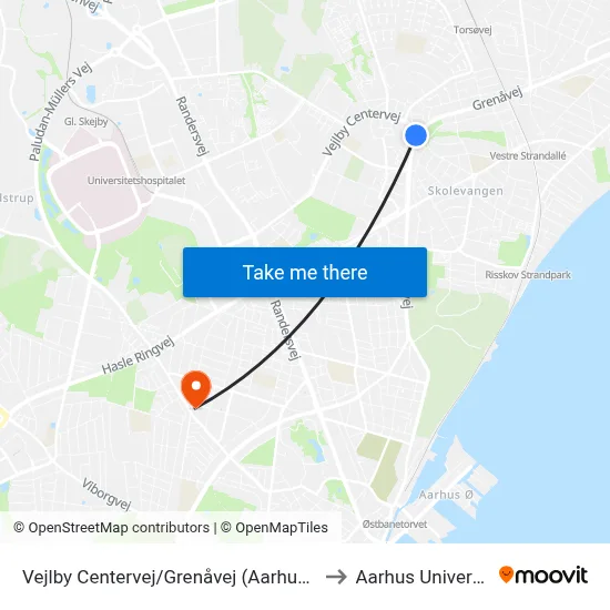 Vejlby Centervej/Grenåvej (Aarhus Kom) to Aarhus Universitet map