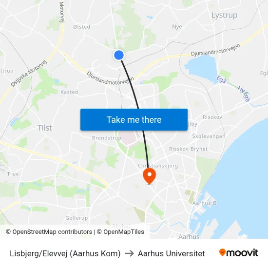 Lisbjerg/Elevvej (Aarhus Kom) to Aarhus Universitet map