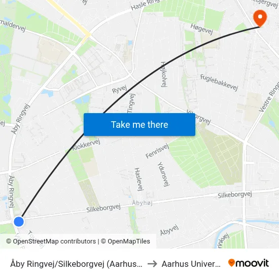 Åby Ringvej/Silkeborgvej (Aarhus Kom) to Aarhus Universitet map