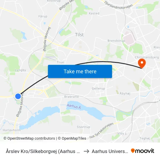 Årslev Kro/Silkeborgvej (Aarhus Kom) to Aarhus Universitet map