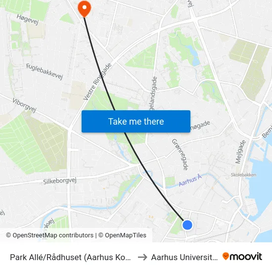 Park Allé/Rådhuset (Aarhus Kom) to Aarhus Universitet map