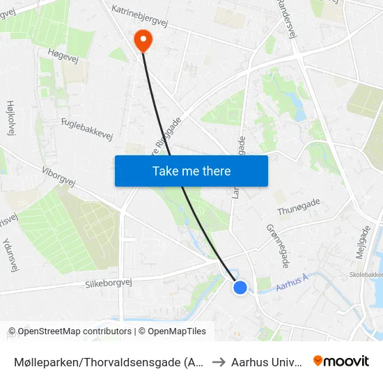 Mølleparken/Thorvaldsensgade (Aarhus Kom) to Aarhus Universitet map