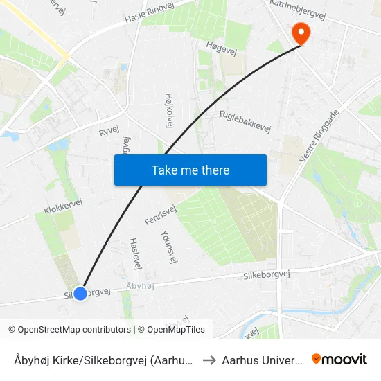 Åbyhøj Kirke/Silkeborgvej (Aarhus Kom) to Aarhus Universitet map
