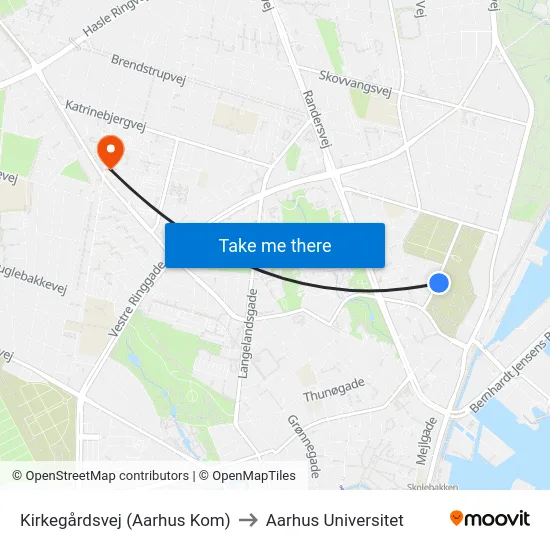 Kirkegårdsvej (Aarhus Kom) to Aarhus Universitet map