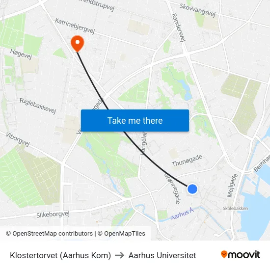 Klostertorvet (Aarhus Kom) to Aarhus Universitet map
