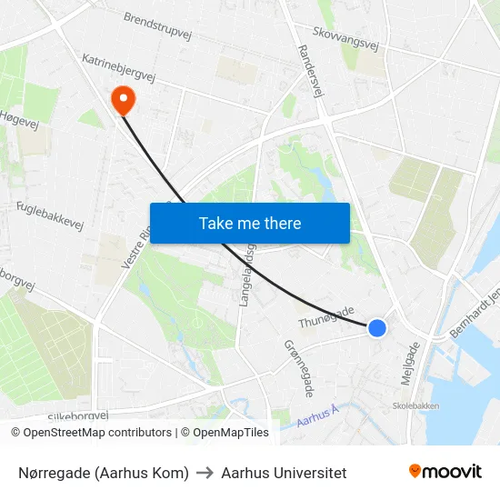 Nørregade (Aarhus Kom) to Aarhus Universitet map