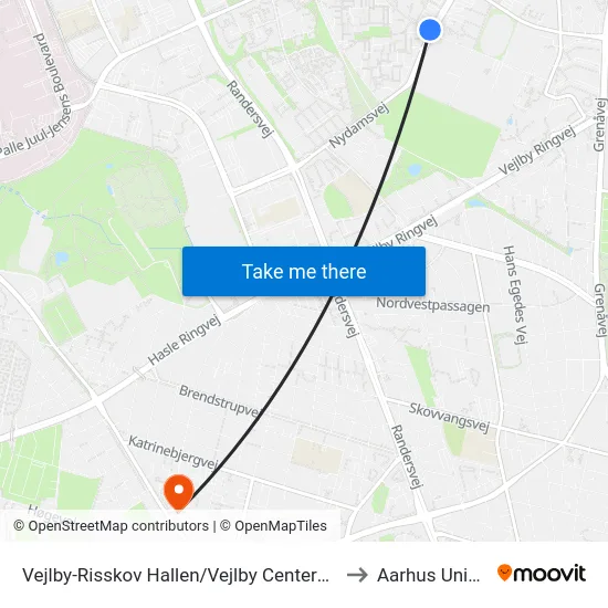 Vejlby-Risskov Hallen/Vejlby Centervej (Aarhus Kom to Aarhus Universitet map