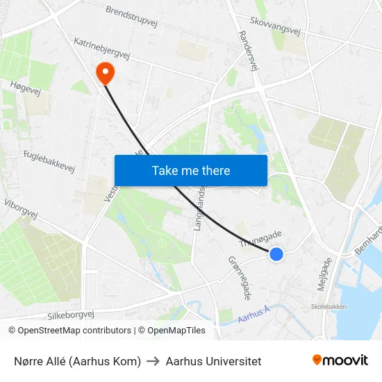 Nørre Allé (Aarhus Kom) to Aarhus Universitet map