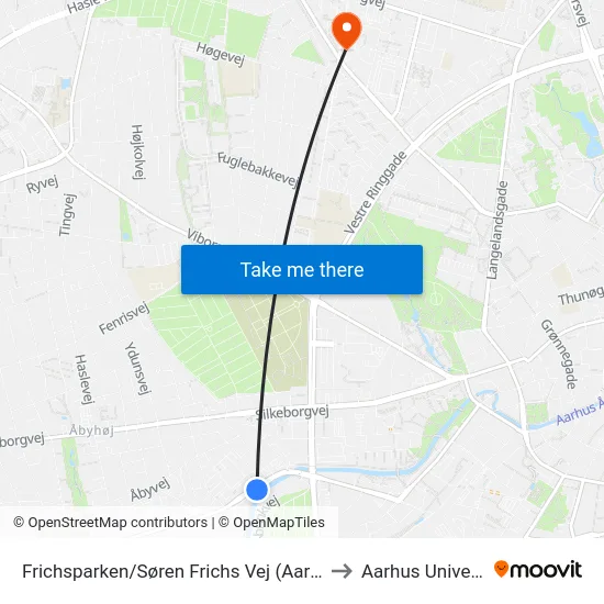 Frichsparken/Søren Frichs Vej (Aarhus Kom) to Aarhus Universitet map
