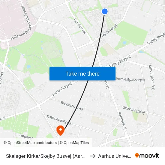 Skelager Kirke/Skejby Busvej (Aarhus Kom) to Aarhus Universitet map