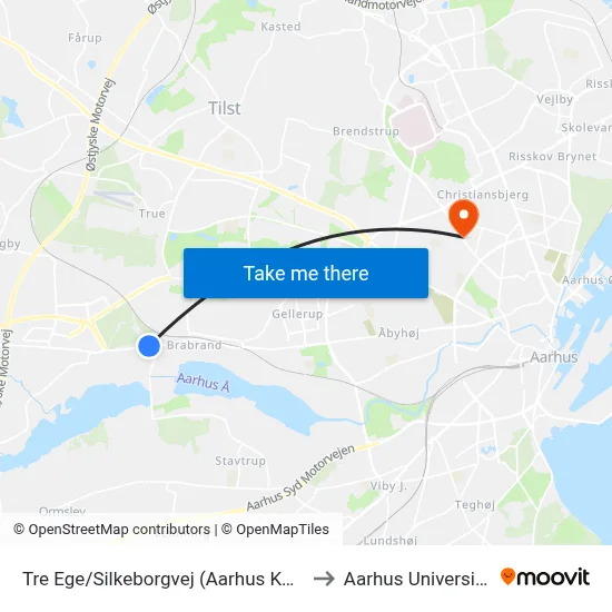 Tre Ege/Silkeborgvej (Aarhus Kom) to Aarhus Universitet map