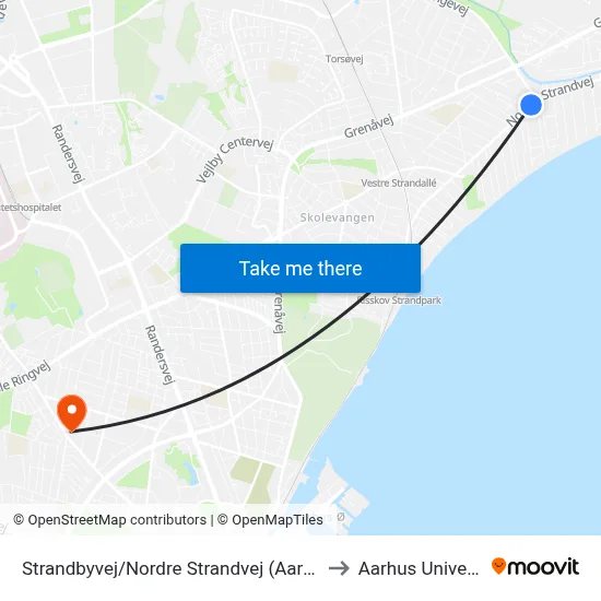 Strandbyvej/Nordre Strandvej (Aarhus Kom) to Aarhus Universitet map