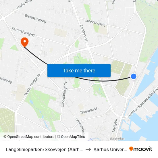 Langelinieparken/Skovvejen (Aarhus Kom) to Aarhus Universitet map