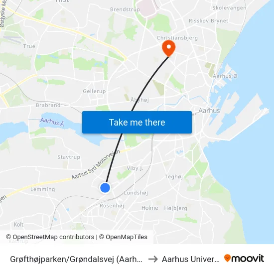 Grøfthøjparken/Grøndalsvej (Aarhus Kom) to Aarhus Universitet map