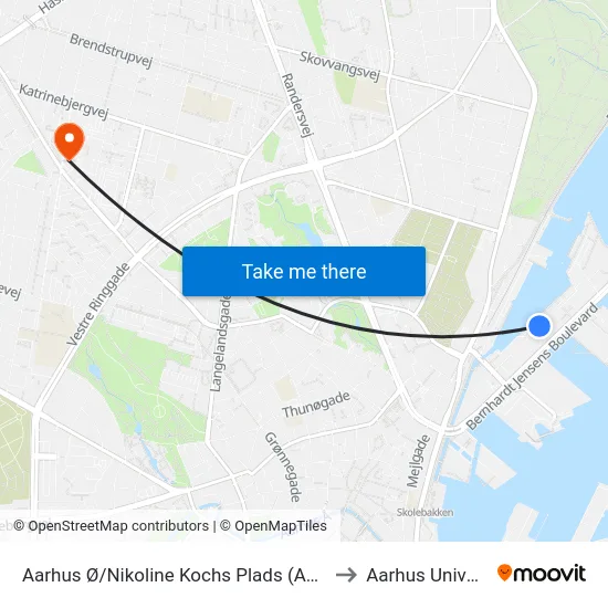 Aarhus Ø/Nikoline Kochs Plads (Aarhus Kom) to Aarhus Universitet map