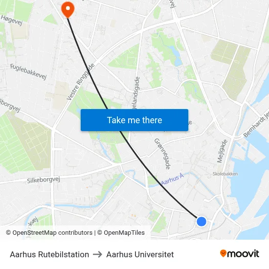 Aarhus Rutebilstation to Aarhus Universitet map