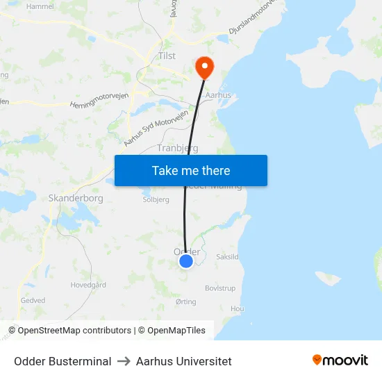 Odder Busterminal to Aarhus Universitet map