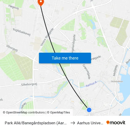 Park Allé/Banegårdspladsen (Aarhus Kom) to Aarhus Universitet map