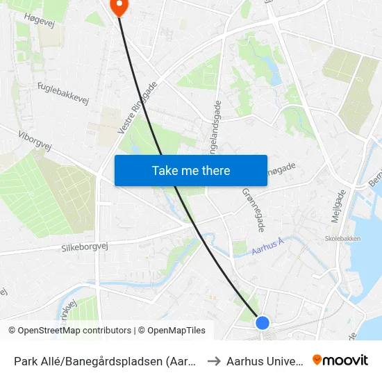 Park Allé/Banegårdspladsen (Aarhus Kom) to Aarhus Universitet map