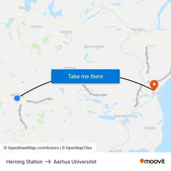 Herning Station to Aarhus Universitet map