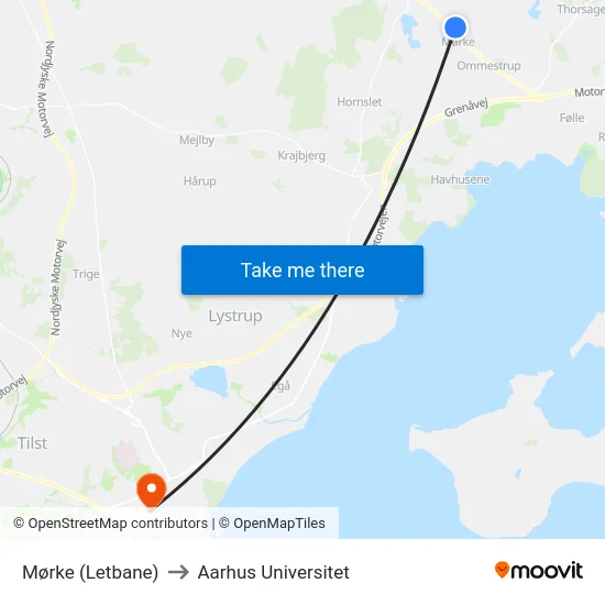 Mørke (Letbane) to Aarhus Universitet map