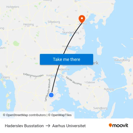 Haderslev Busstation to Aarhus Universitet map