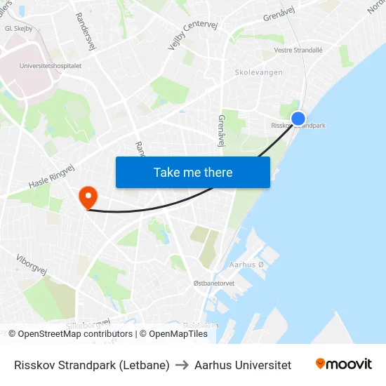 Risskov Strandpark (Letbane) to Aarhus Universitet map