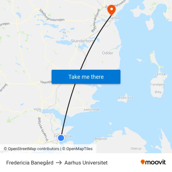 Fredericia Banegård to Aarhus Universitet map