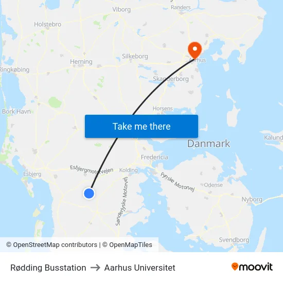 Rødding Busstation to Aarhus Universitet map