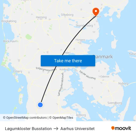 Løgumkloster Busstation to Aarhus Universitet map