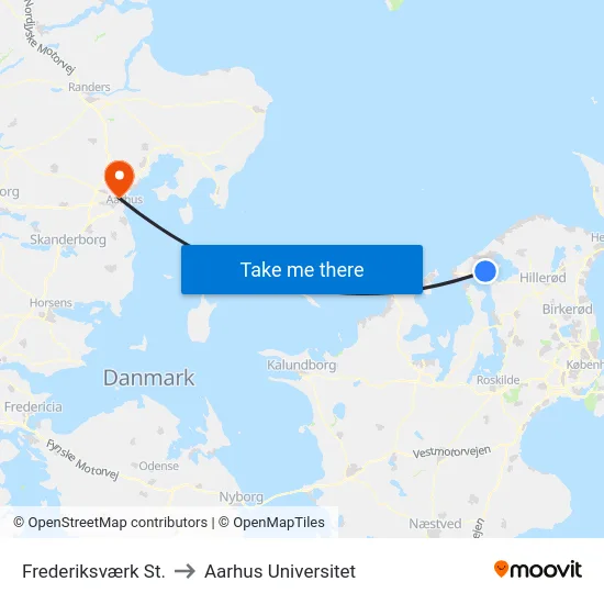 Frederiksværk St. to Aarhus Universitet map