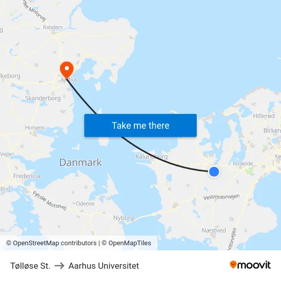 Tølløse St. to Aarhus Universitet map