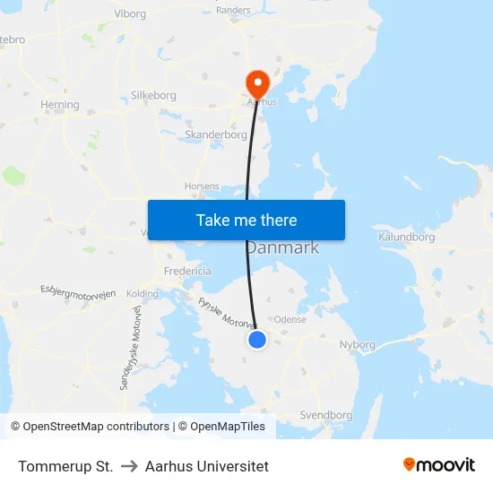 Tommerup St. to Aarhus Universitet map